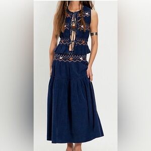 Free People Terra Smocked Maxi Skirt Set S Navy Combo NWT Sold Out